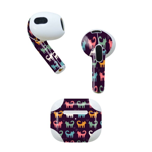 AirPods 第3世代 専用 デザインスキンシール airpods 3 用 エアポッド 3 用 第三世代(2021)対応 2枚入り 各2枚セット イヤホン カバー デコレーション アクセサリー デコシール 007932 猫 ねこ イラスト カラフル