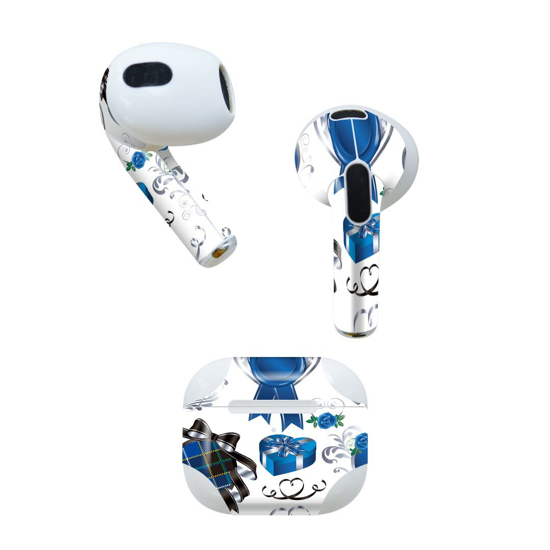 AirPods 第3世代 専用 デザインスキンシール airpods 3 用 エアポッド 3 用 第三世代（2021）対応 2枚入り 各2枚セット イヤホン カバー デコレーション アクセサリー デコシール 008302 ホワイトデー ハート リボン 青 ブルー