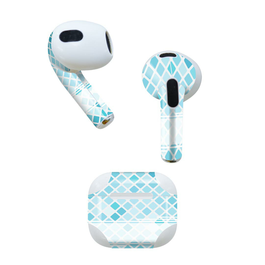 AirPods 第3世代 専用 デザインスキンシール airpods 3 用 エアポッド 3 用 第三世代（2021）対応 2枚入り 各2枚セット イヤホン カバー デコレーション アクセサリー デコシール 008672 チェック　水色　青　ブルー　模様