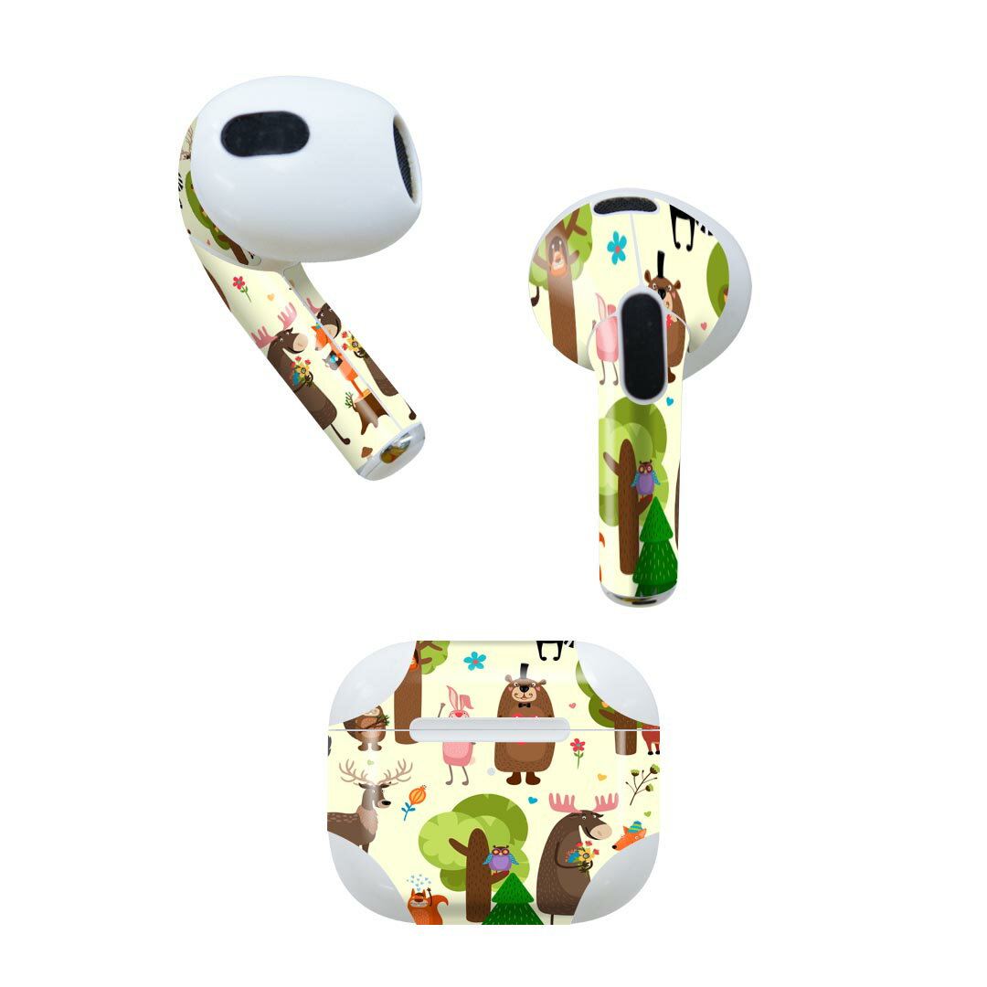 AirPods 第3世代 専用 デザインスキンシール airpods 3 用 エアポッド 3 用 第三世代（2021）対応 2枚入り 各2枚セット イヤホン カバー デコレーション アクセサリー デコシール 008878 森　イラスト　鹿