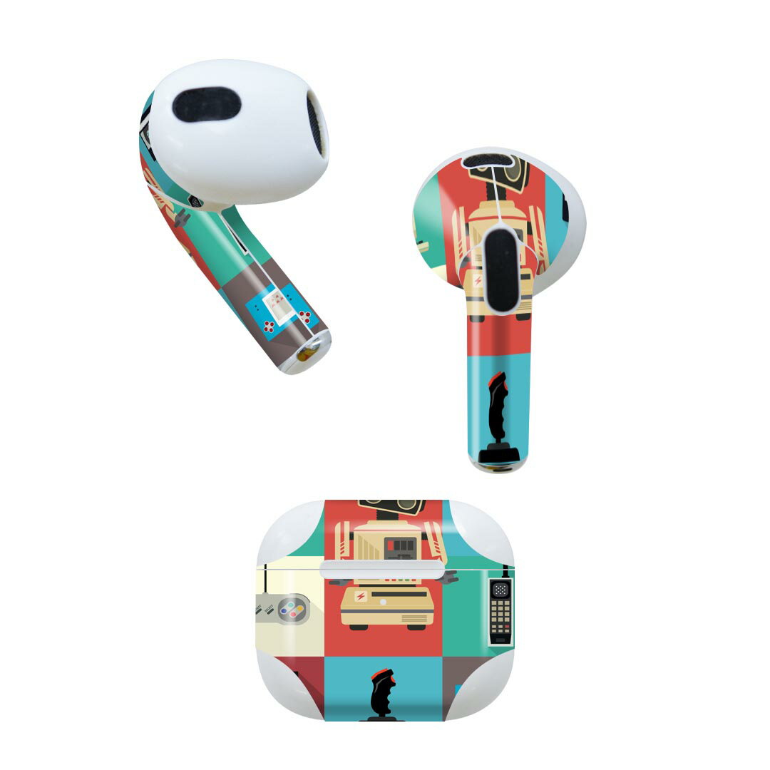 楽天スマコレAirPods 第3世代 専用 デザインスキンシール airpods 3 用 エアポッド 3 用 第三世代（2021）対応 2枚入り 各2枚セット イヤホン カバー デコレーション アクセサリー デコシール 010292 ロボット　ゲーム　カラフル