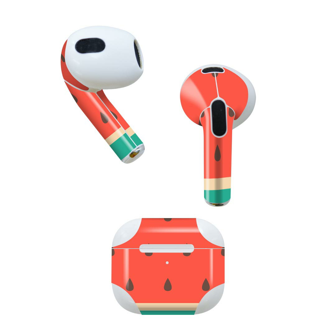 AirPods 第3世代 専用 デザインスキンシール airpods 3 用 エアポッド 3 用 第三世代（2021）対応 2枚入り 各2枚セット イヤホン カバー デコレーション アクセサリー デコシール 010433 果物　スイカ　赤　緑