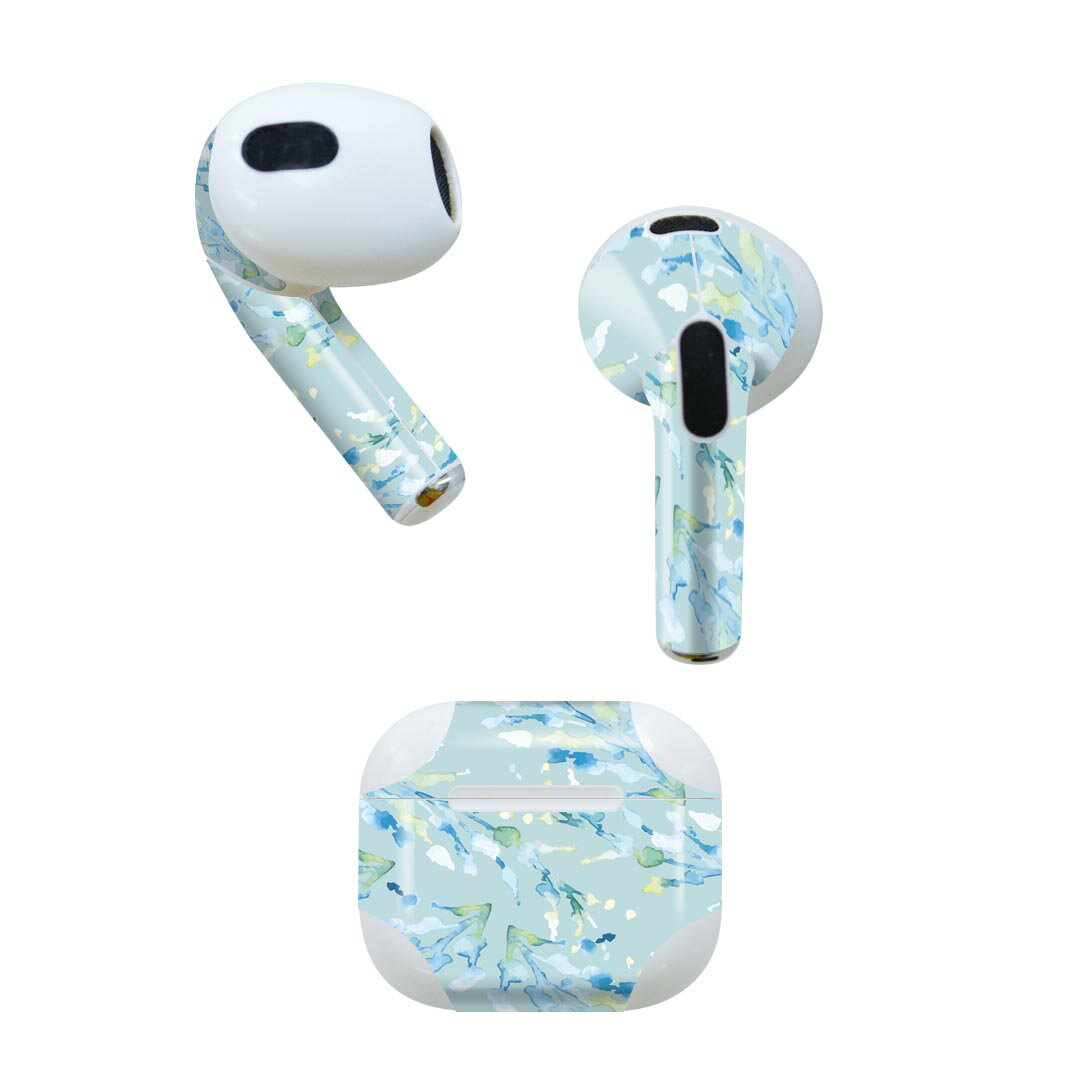 AirPods 第3世代 専用 デザインスキンシール airpods 3 用 エアポッド 3 用 第三世代（2021）対応 2枚入り 各2枚セット イヤホン カバー デコレーション アクセサリー デコシール 011076 水彩　植物　水色