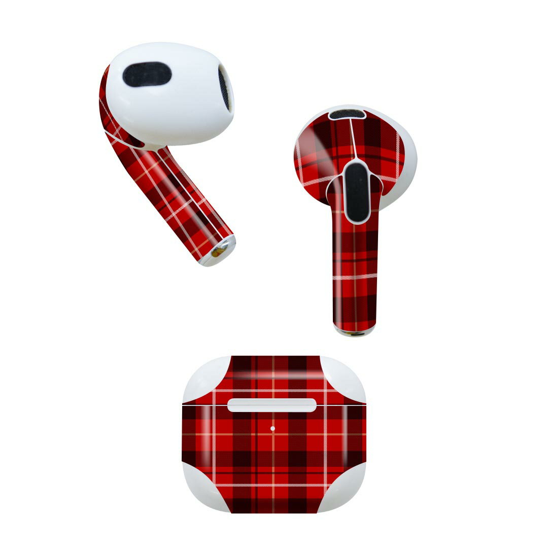 AirPods 第3世代 専用 デザインスキンシール airpods 3 用 エアポッド 3 用 第三世代（2021）対応 2枚入り 各2枚セット イヤホン カバー デコレーション アクセサリー デコシール 012385 チェック　赤　白