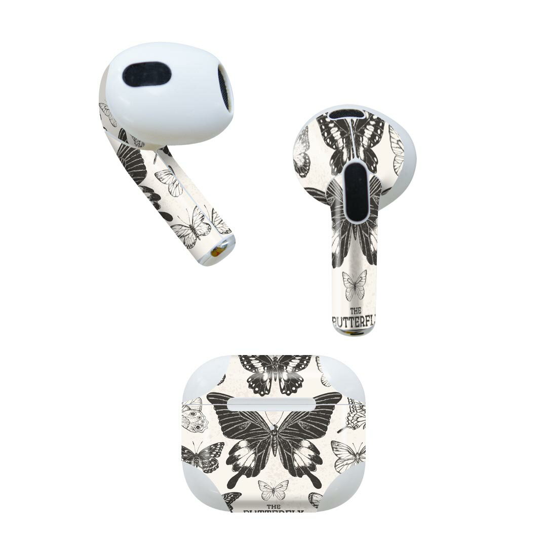 AirPods 第3世代 専用 デザインスキンシール airpods 3 用 エアポッド 3 用 第三世代（2021）対応 2枚入り 各2枚セット イヤホン カバー デコレーション アクセサリー デコシール 012500 蝶　セピア　英字