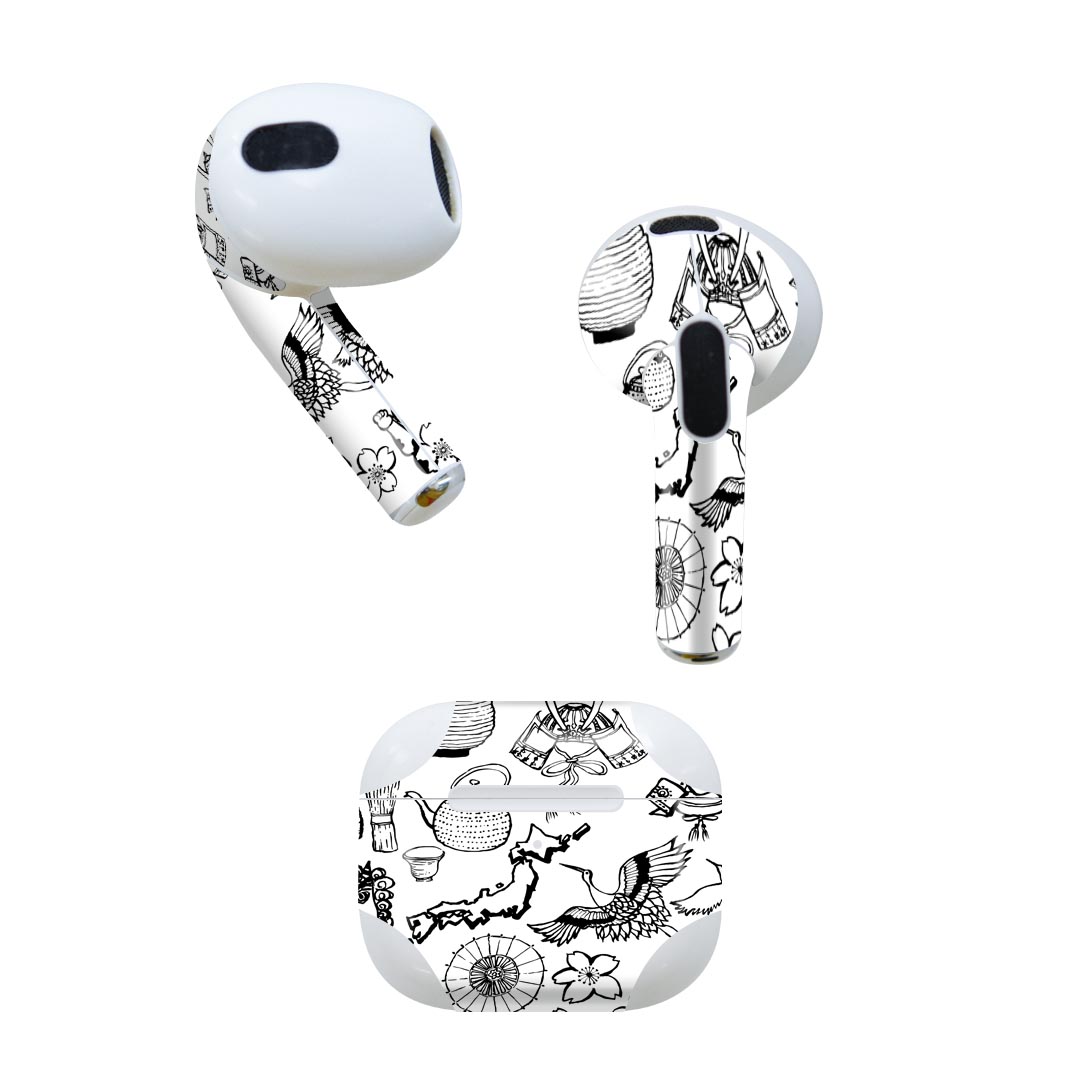 AirPods 第3世代 専用 デザインスキンシール airpods 3 用 エアポッド 3 用 第三世代（2021）対応 2枚入り 各2枚セット イヤホン カバー デコレーション アクセサリー デコシール 015301 日本　和風　手書き　絵　白黒　兜　桜