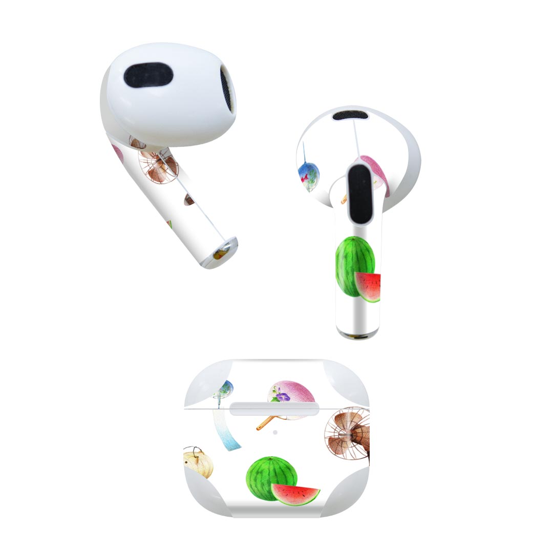 AirPods 第3世代 専用 デザインスキンシール airpods 3 用 エアポッド 3 用 第三世代（2021）対応 2枚入り 各2枚セット イヤホン カバー デコレーション アクセサリー デコシール 015546 夏　扇風機　スイカ　うちわ