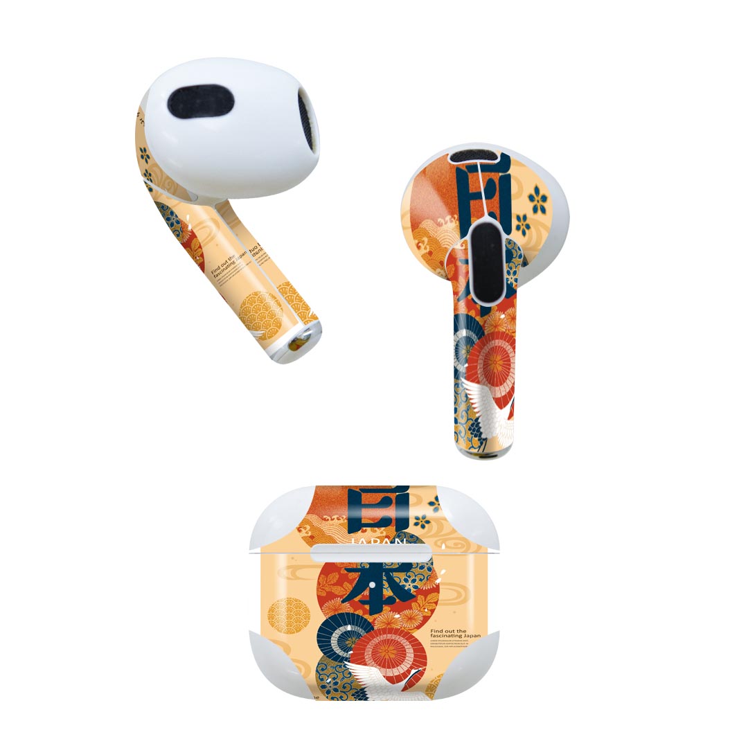 AirPods 第3世代 専用 デザインスキンシール airpods 3 用 エアポッド 3 用 第三世代（2021）対応 2枚入り 各2枚セット イヤホン カバー デコレーション アクセサリー デコシール 015660 日本　和柄　鶴