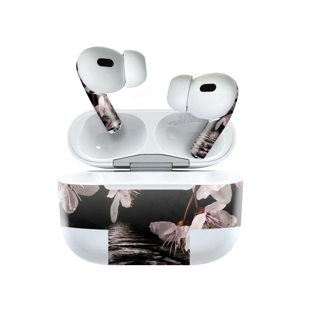 Air Pods Pro2 / Pro1 専用 デザインスキンシール airpods エアポッド apple アップル AirPods Pro 第1世代 airpodsPro 第2世代 対応 イヤホン カバー デコレーション アクセサリー デコシール 000009 桜　水面　黒