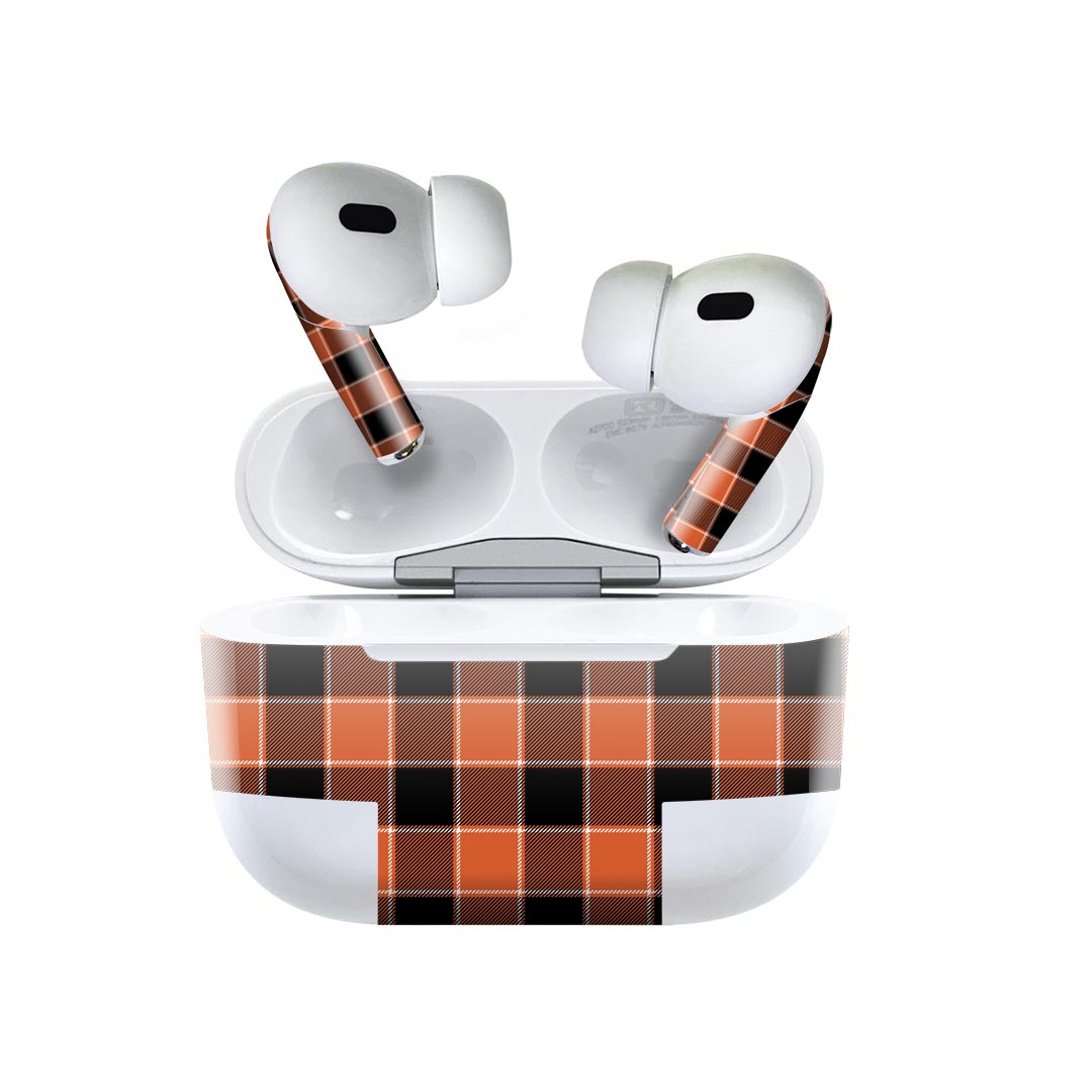 Air Pods Pro2 / Pro1 専用 デザインスキンシール airpods エアポッド apple アップル AirPods Pro 第1世代 airpodsPro 第2世代 対応 イヤホン カバー デコレーション アクセサリー デコシール 020141 チェック オレンジ