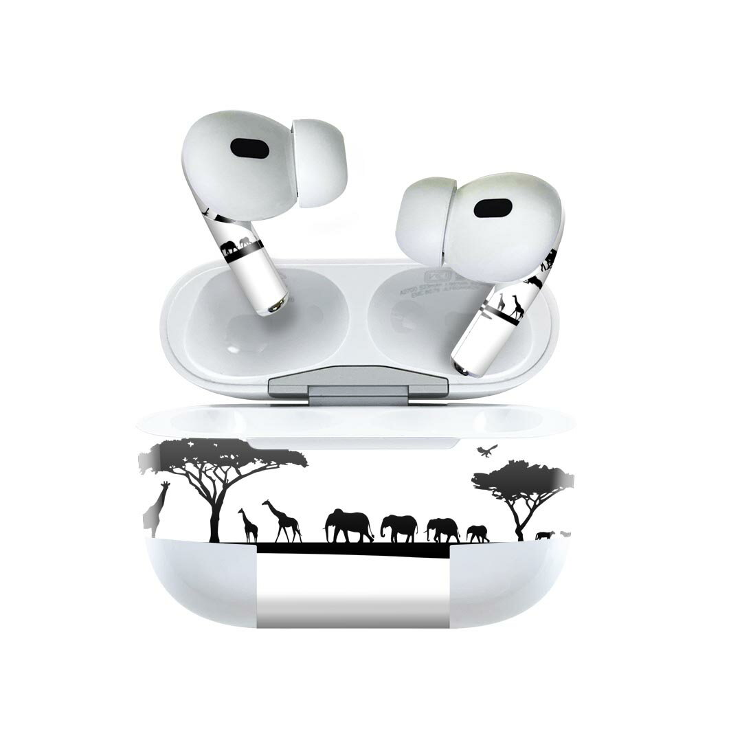Air Pods Pro2 / Pro1 専用 デザインスキンシール airpods エアポッド apple アップル AirPods Pro 第1世代 airpodsPro 第2世代 対応 イヤホン カバー デコレーション アクセサリー デコシール 009754 動物　サファリ　モノクロ