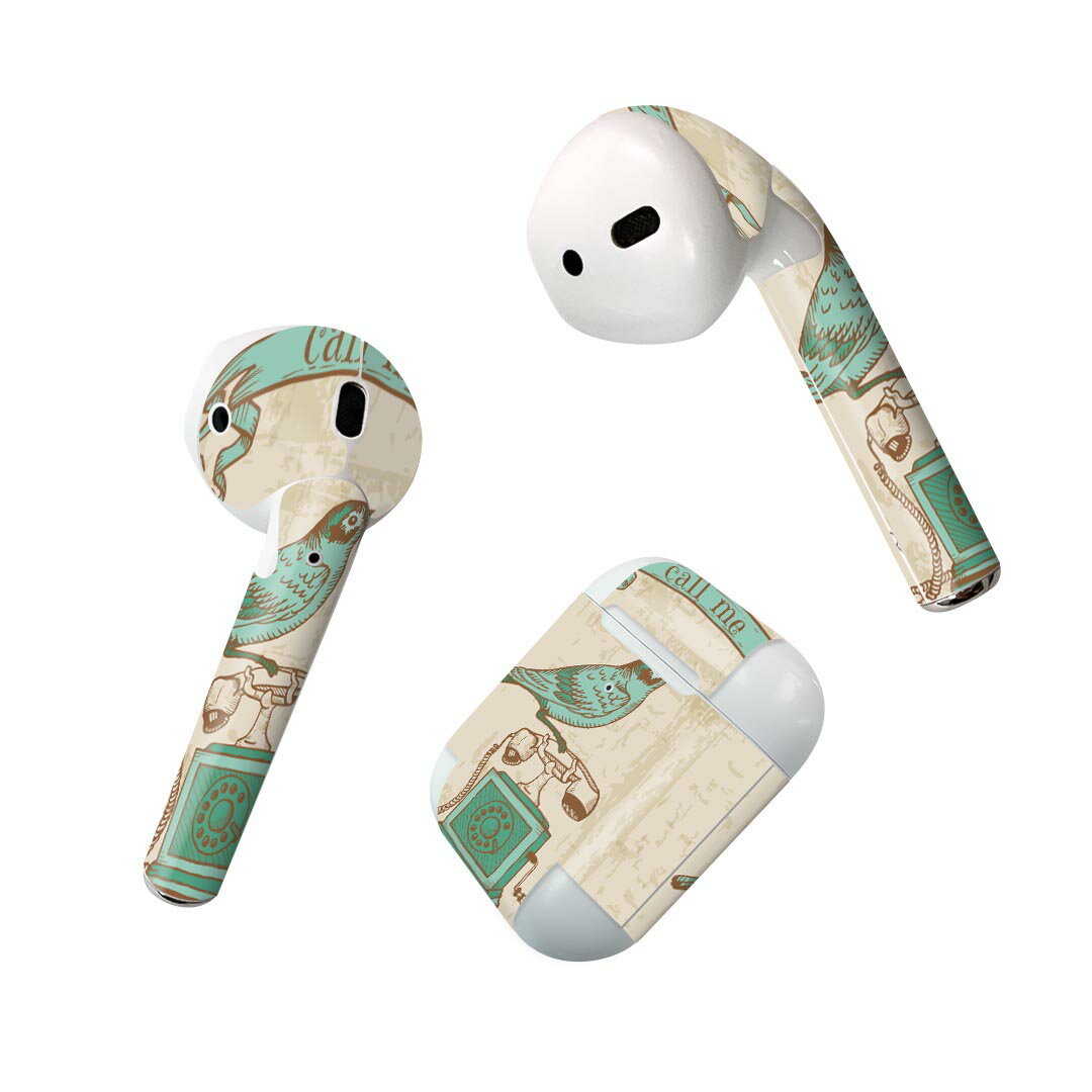Air Pods 専用 デザインスキンシール airpods エアポッド apple アップル AirPods 第一世代（2016）airpods2 第二世代（2019）対応 イヤホン カバー デコレーション アクセサリー デコシール 001199 レトロ　鳥　電話