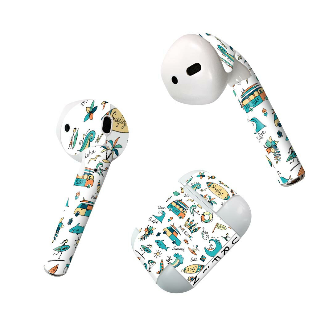 Air Pods 専用 デザインスキンシール airpods エアポッド apple アップル AirPods 第一世代（2016）airpods2 第二世代（2019）対応 イヤホン カバー デコレーション アクセサリー デコシール 014306 サーフィン　海　イルカ