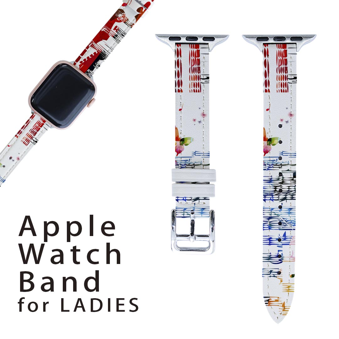 アップルウォッチ 用 バンド Apple Watch 用 取替 レザー ベルト 女性 38mm 40mm 41mm レディース AppleWatch用 全シリーズ対応 初代・Series2・Series3・Series4・Series5・Series6・Series7・SE 対応 007926 音符 楽譜 音楽 楽器 カラフル