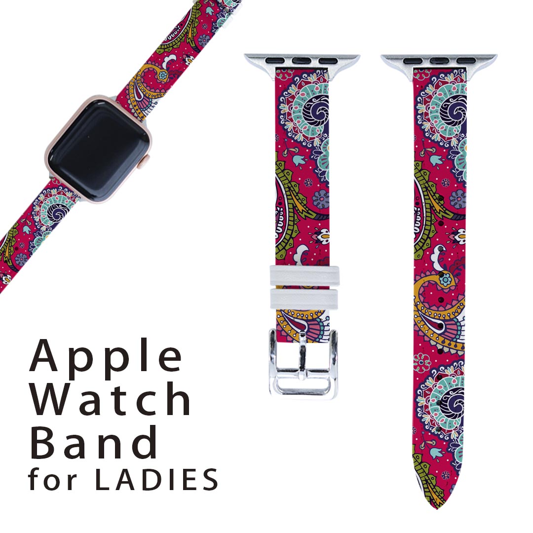 アップルウォッチ 用 バンド Apple Watch 用 取替 レザー ベルト 女性 38mm 40mm 41mm レディース AppleWatch用 全シリーズ対応 初代・Series2・Series3・Series4・Series5・Series6・Series7・SE 対応 011727 ペイズリー 模様 ピンク