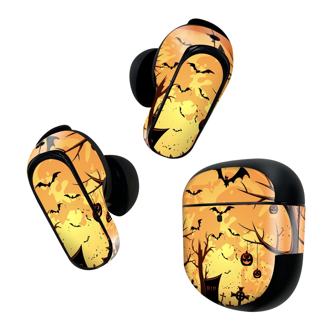 Bose QuietComfort Earbuds II 用 スキンシール ボーズ イヤバッズ2 用 ステッカー 本体3セット ケース1セット 保護 フィルム デコ ハロウィン かぼちゃ オレンジ 000059