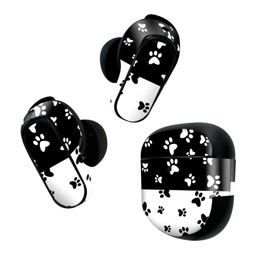 Bose QuietComfort Earbuds II 用 スキンシール ボーズ イヤバッズ2 用　ステッカー　本体3セット ケース1セット 保護 フィルム デコ 犬　足跡　バイカラー　白黒 000128