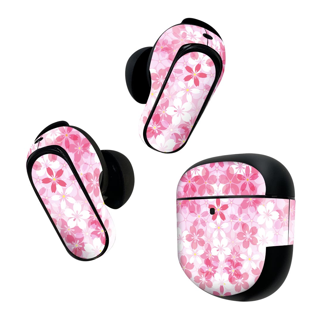 Bose QuietComfort Earbuds II 用 スキンシール ボーズ イヤバッズ2 用 ステッカー 本体3セット ケース1セット 保護 フィルム デコ 桜柄 さくら ピンク 000165