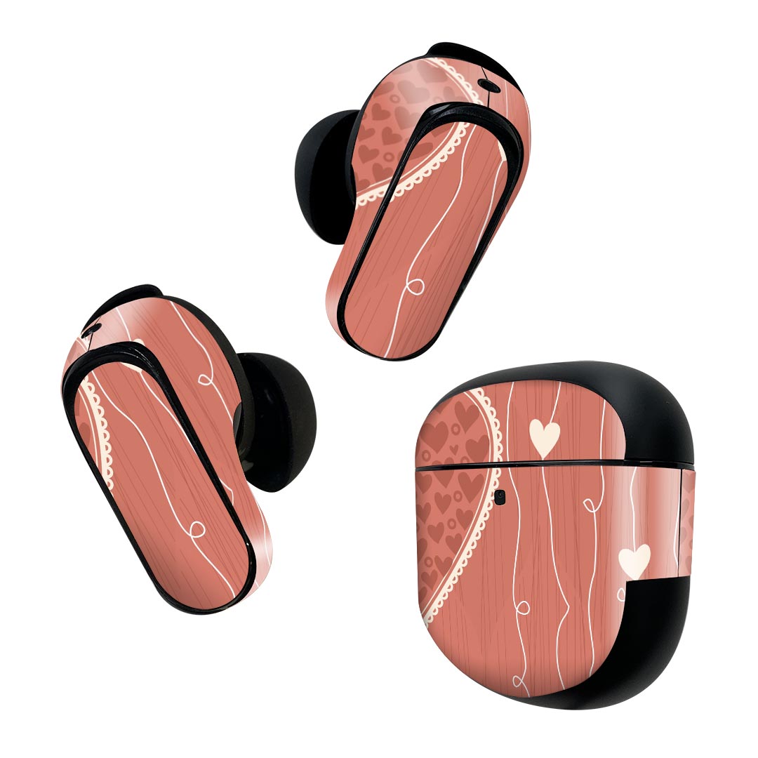 Bose QuietComfort Earbuds II 用 スキンシール ボーズ イヤバッズ2 用　ステッカー　本体3セット ケース1セット 保護 フィルム デコ ハート　ピンク　イラスト 000173