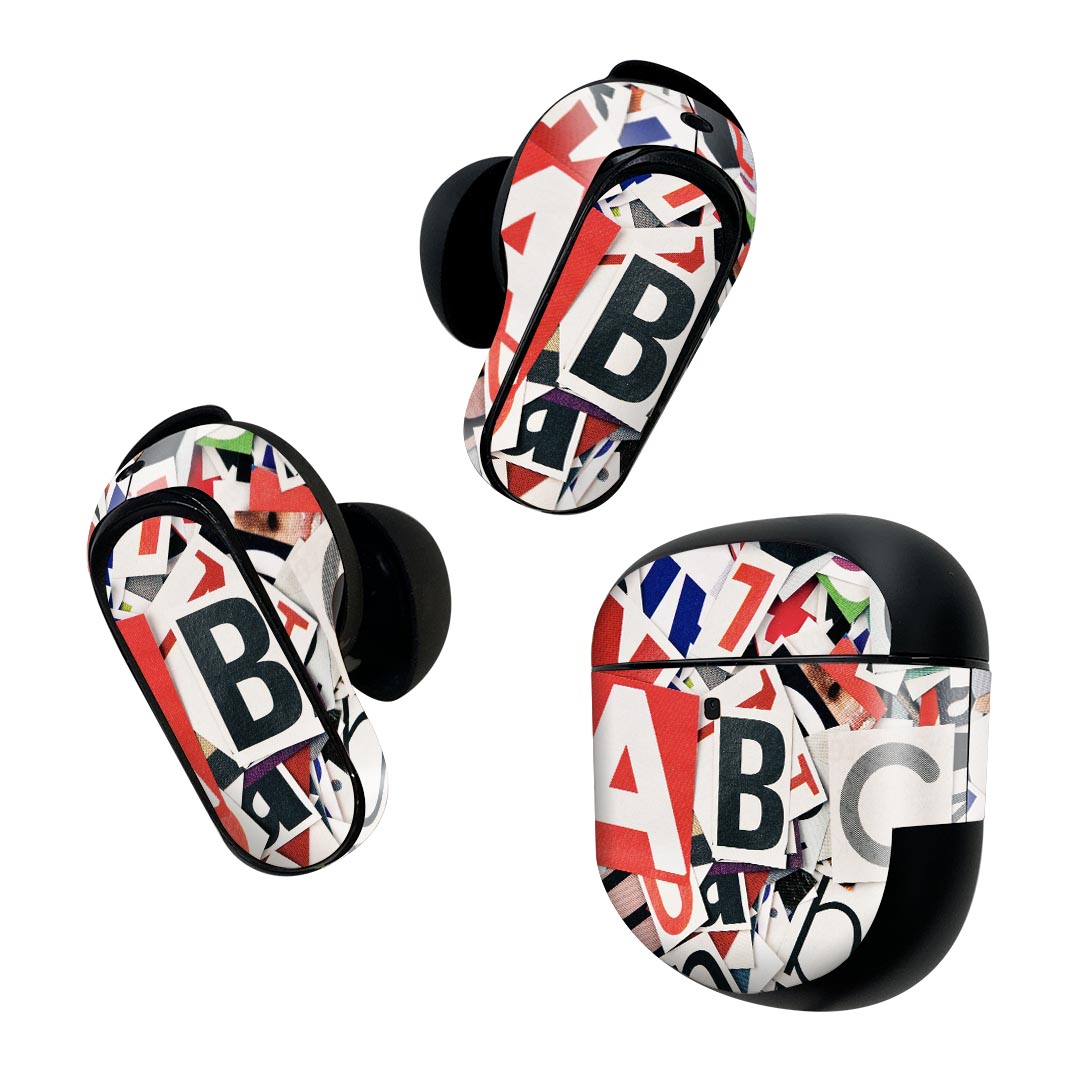 Bose QuietComfort Earbuds II 用 スキンシール ボーズ イヤバッズ2 用　ステッカー　本体3セット ケース1セット 保護 フィルム デコ 英字　デザイン 000269