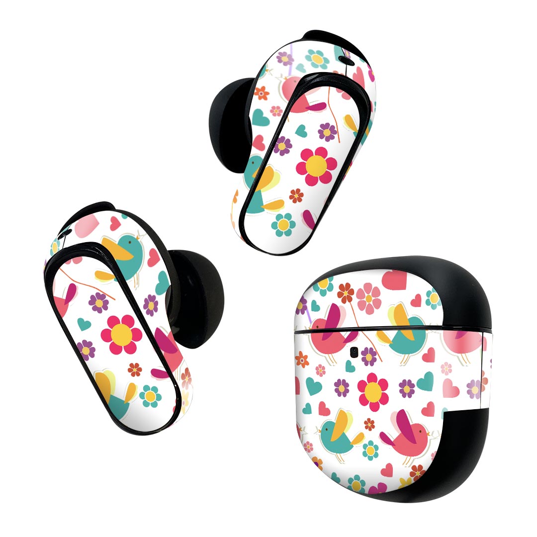 樂天商城 - Bose QuietComfort Earbuds II 用 スキンシール ボーズ イヤバッズ2 用　ステッカー　本体3セット ケース1セット 保護 フィルム デコ 鳥　ハート　花　カラフル 000295