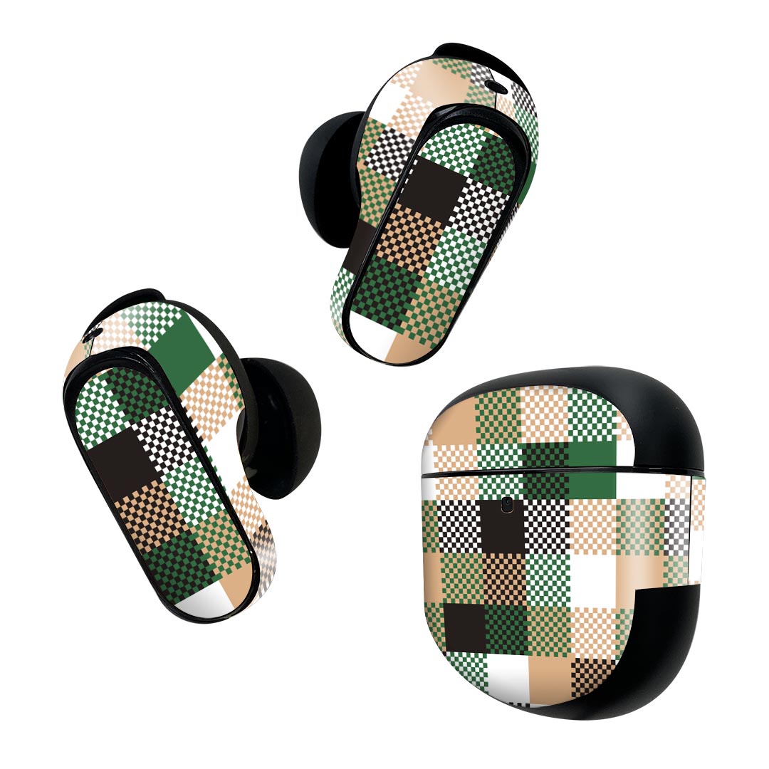 Bose QuietComfort Earbuds II 用 スキンシール ボーズ イヤバッズ2 用　ステッカー　本体3セット ケース1セット 保護 フィルム デコ ブロックチェック　緑 000513