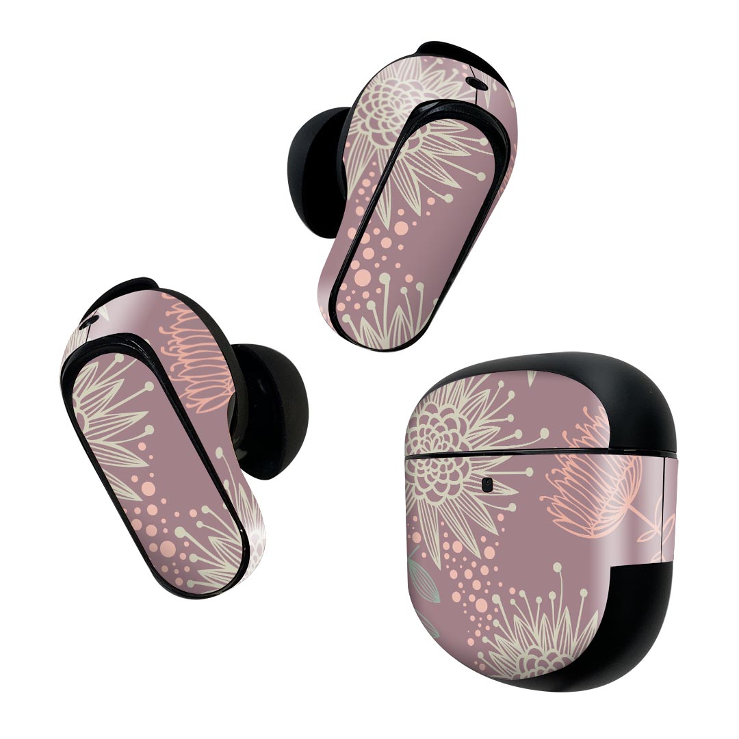 Bose QuietComfort Earbuds II 用 スキンシール ボーズ イヤバッズ2 用　ステッカー　本体3セット ケース1セット 保護 フィルム デコ 花　イラスト 001116