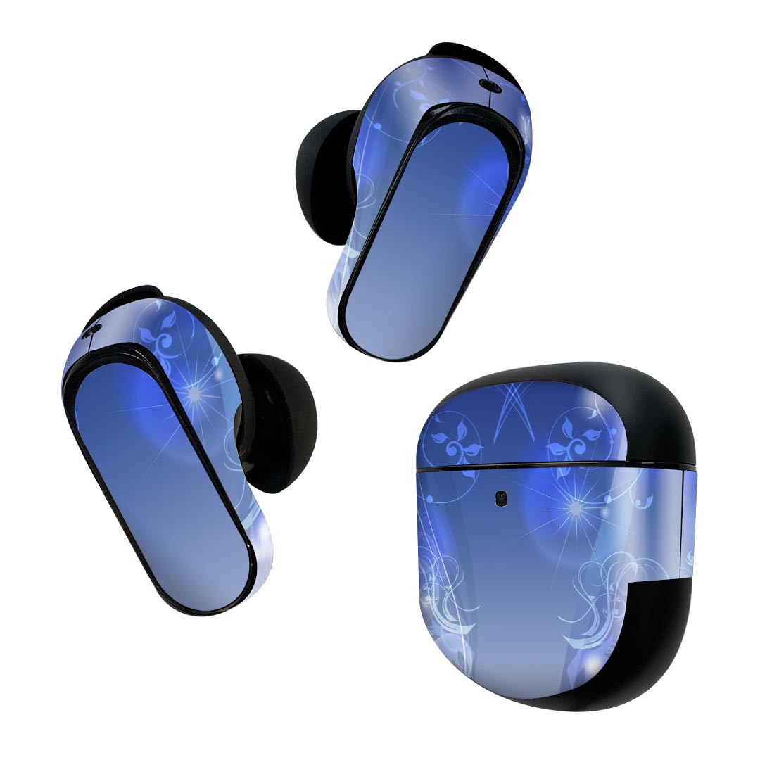 Bose QuietComfort Earbuds II 用 スキンシール ボーズ イヤバッズ2 用 ステッカー 本体3セット ケース1セット 保護 フィルム デコ 青 花 001402