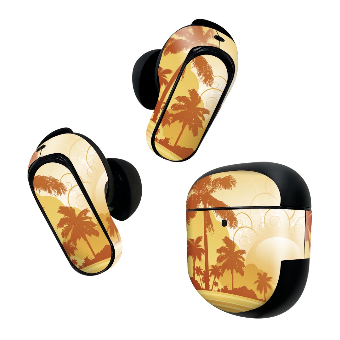 Bose QuietComfort Earbuds II 用 スキンシール ボーズ イヤバッズ2 用　ステッカー　本体3セット ケース1セット 保護 フィルム デコ ヤシの木　太陽 001435