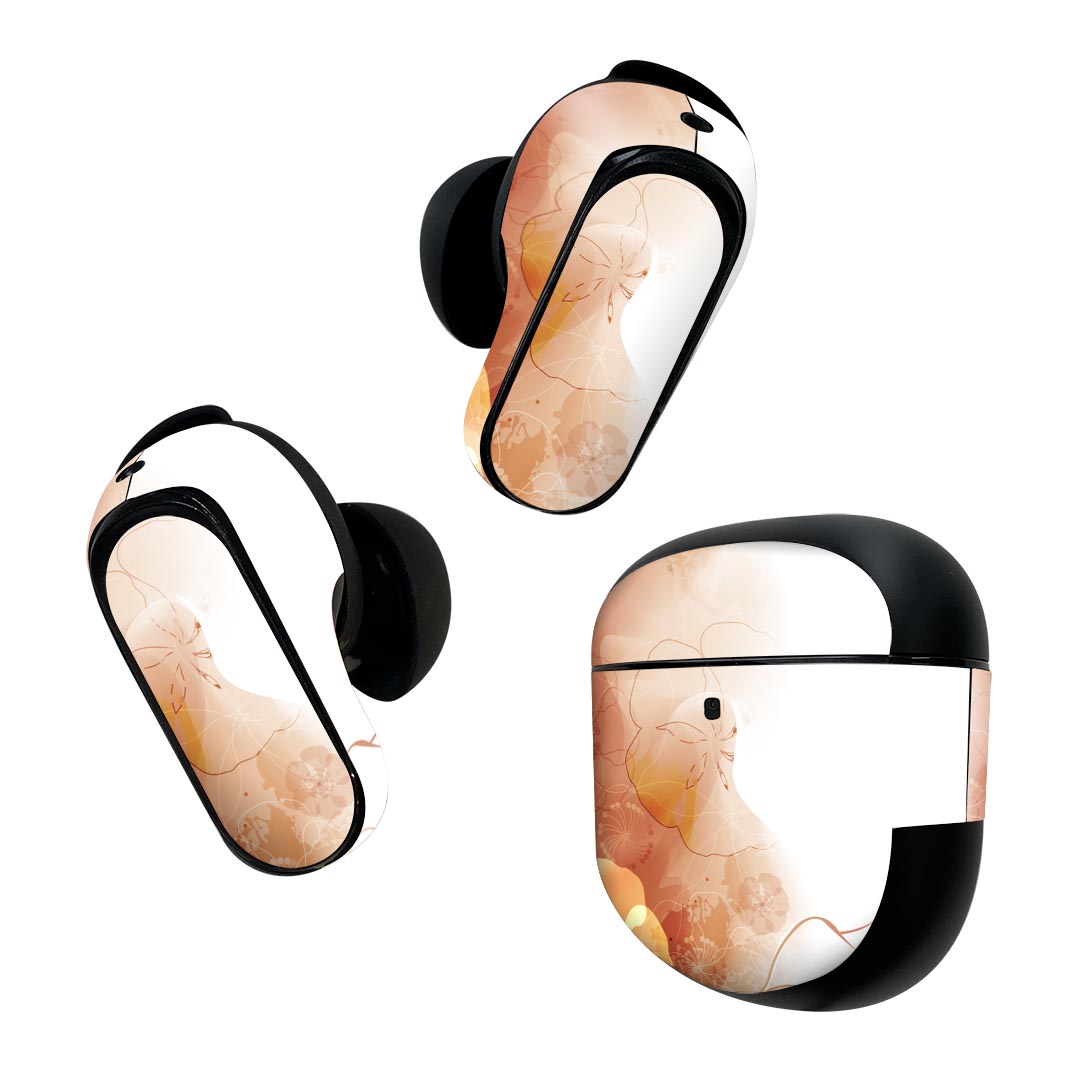Bose QuietComfort Earbuds II 用 スキンシール ボーズ イヤバッズ2 用　ステッカー　本体3セット ケース1セット 保護 フィルム デコ 花　　オレンジ 001969