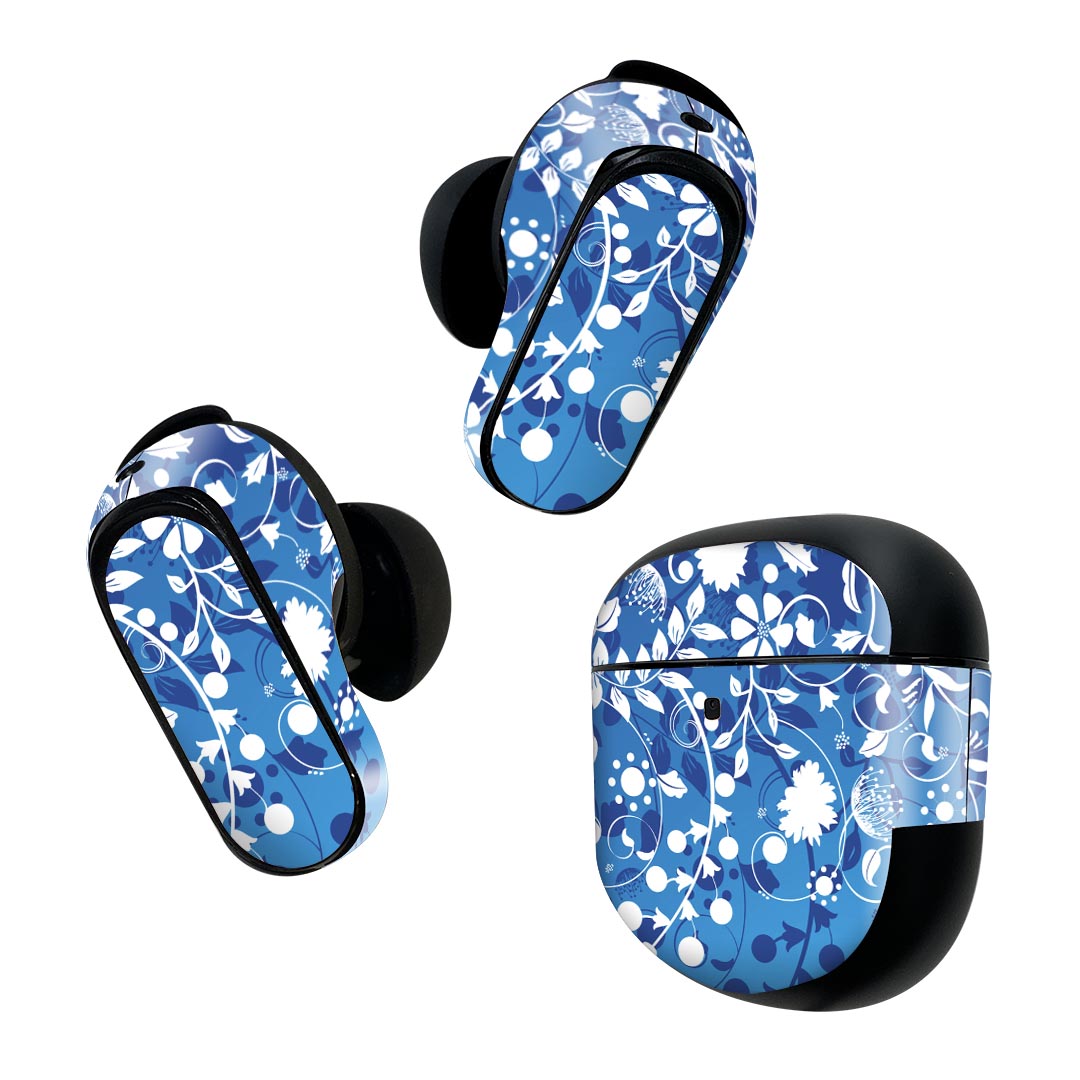 Bose QuietComfort Earbuds II 用 スキンシール ボーズ イヤバッズ2 用　ステッカー　本体3セット ケース1セット 保護 フィルム デコ 花　　青 002229
