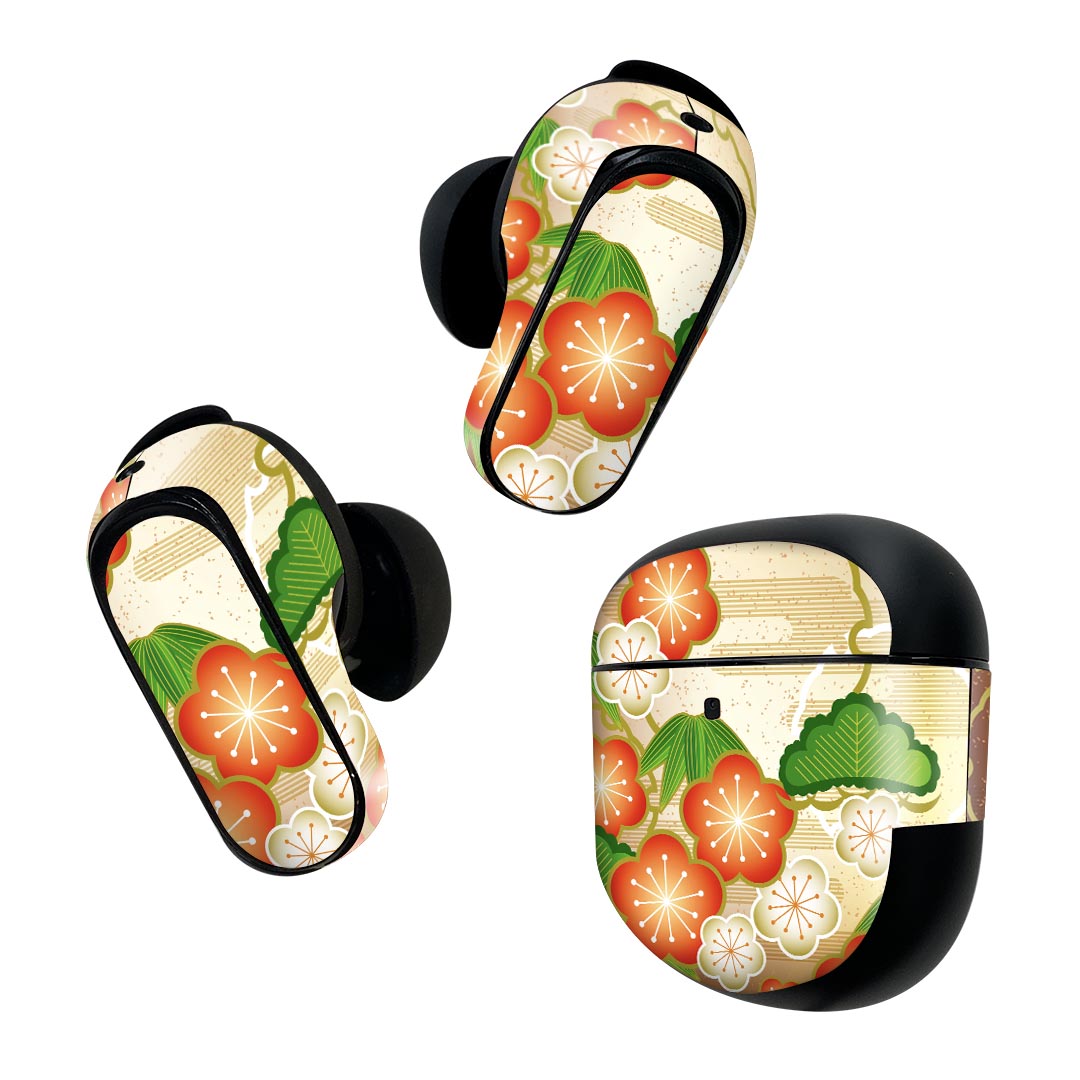 Bose QuietComfort Earbuds II 用 スキンシール ボーズ イヤバッズ2 用　ステッカー　本体3セット ケース1セット 保護 フィルム デコ 花　和風　和柄 002509