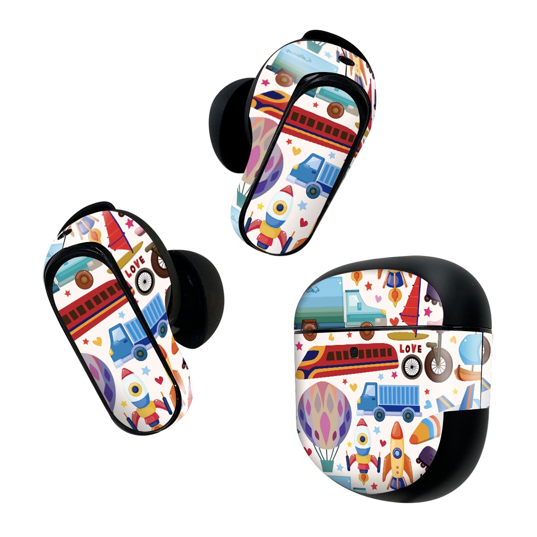 Bose QuietComfort Earbuds II 用 スキンシール ボーズ イヤバッズ2 用　ステッカー　本体3セット ケース1セット 保護 フィルム デコ 乗り物　イラスト　カラフル 002572