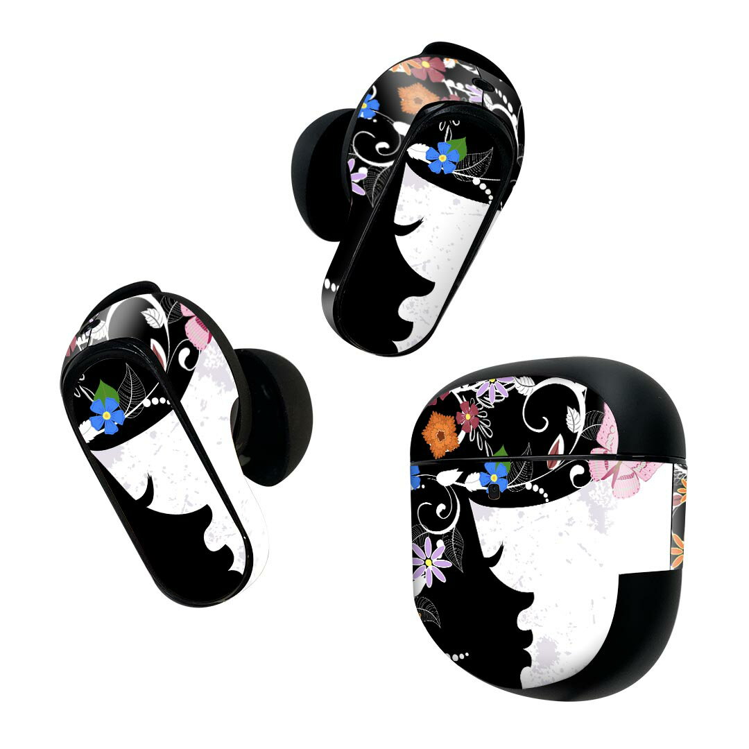 Bose QuietComfort Earbuds II 用 スキンシール ボーズ イヤバッズ2 用　ステッカー　本体3セット ケース1セット 保護 フィルム デコ 花　蝶　ガーリー 002669