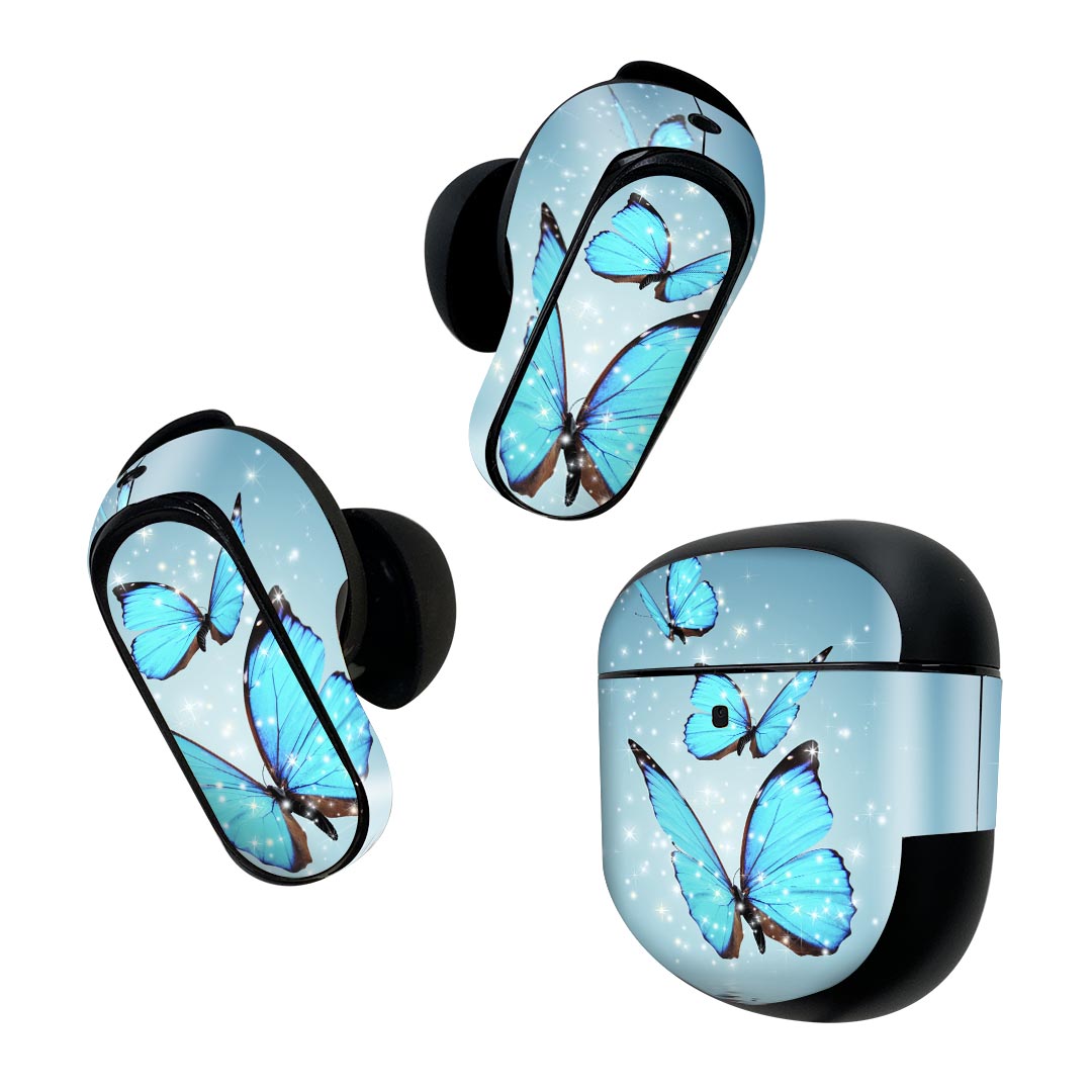 Bose QuietComfort Earbuds II 用 スキンシール ボーズ イヤバッズ2 用　ステッカー　本体3セット ケース1セット 保護 フィルム デコ 蝶　青　写真 002820