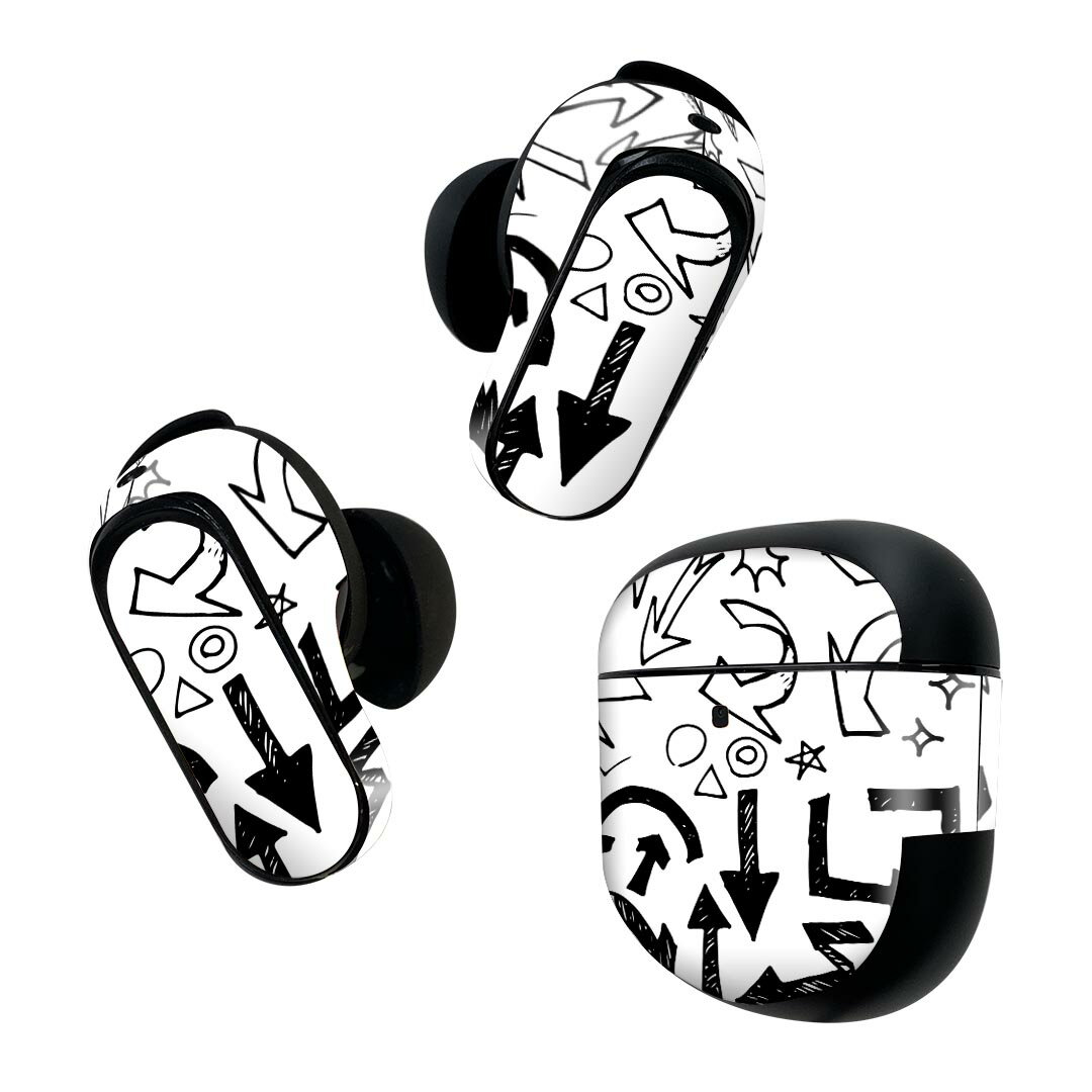 Bose QuietComfort Earbuds II 用 スキンシール ボーズ イヤバッズ2 用　ステッカー　本体3セット ケース1セット 保護 フィルム デコ イラスト　白　黒 002845