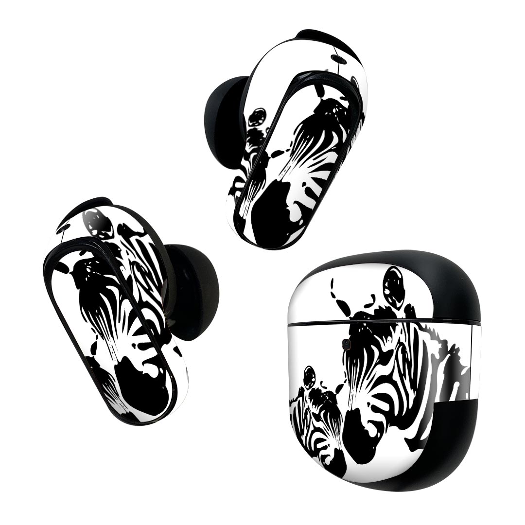 Bose QuietComfort Earbuds II 用 スキンシール ボーズ イヤバッズ2 用　ステッカー　本体3セット ケース1セット 保護 フィルム デコ 動物　イラスト　白　黒 003451