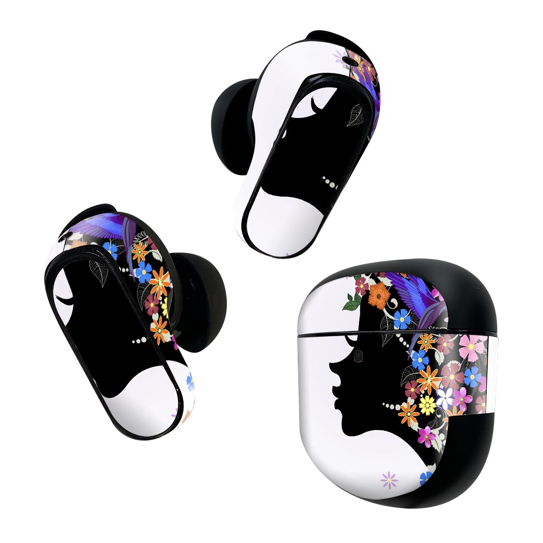 Bose QuietComfort Earbuds II 用 スキンシール ボーズ イヤバッズ2 用 ステッカー 本体3セット ケース1セット 保護 フィルム デコ 人物 花 カラフル 003478