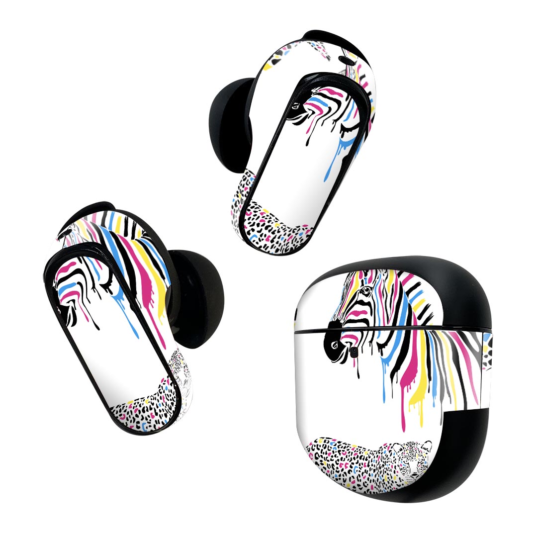 Bose QuietComfort Earbuds II 用 スキンシール ボーズ イヤバッズ2 用　ステッカー　本体3セット ケース1セット 保護 フィルム デコ 動物　イラスト　カラフル 003485