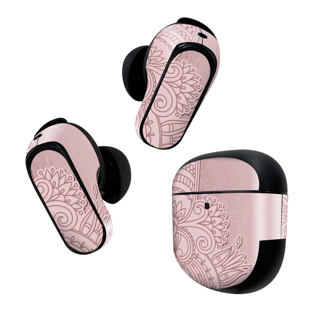 Bose QuietComfort Earbuds II 用 スキンシール ボーズ イヤバッズ2 用 ステッカー 本体3セット ケース1セット 保護 フィルム デコ 模様 花 ピンク 003491