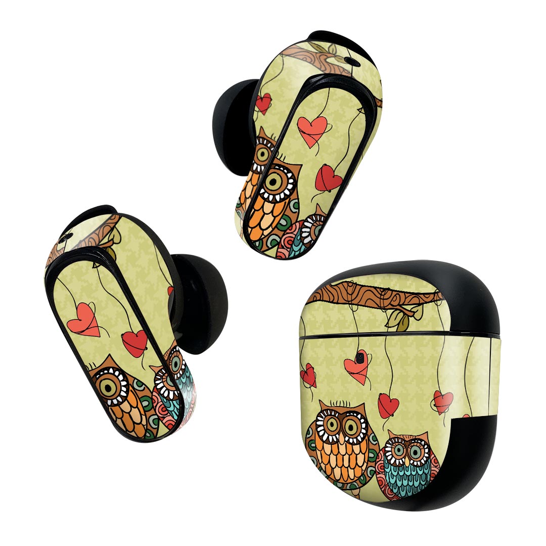 Bose QuietComfort Earbuds II 用 スキンシール ボーズ イヤバッズ2 用　ステッカー　本体3セット ケース1セット 保護 フィルム デコ 鳥　ハート　キャラクター 003504