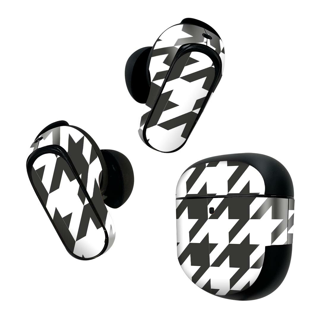 Bose QuietComfort Earbuds II 用 スキンシール ボーズ イヤバッズ2 用 ステッカー 本体3セット ケース1セット 保護 フィルム デコ 千鳥柄 白 黒 003998