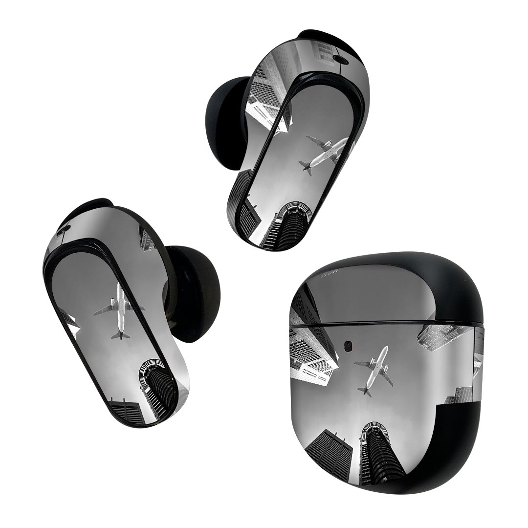 Bose QuietComfort Earbuds II 用 スキンシール ボーズ イヤバッズ2 用　ステッカー　本体3セット ケース1セット 保護 フィルム デコ 写真　飛行機　ビル 022845