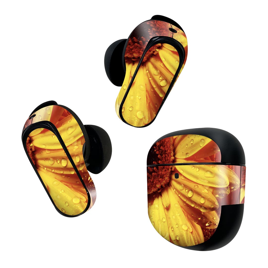 Bose QuietComfort Earbuds II 用 スキンシール ボーズ イヤバッズ2 用 ステッカー 本体3セット ケース1セット 保護 フィルム デコ 花 フラワー ひまわり 023300