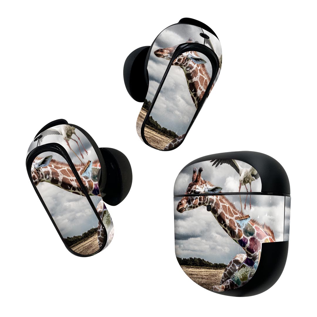 Bose QuietComfort Earbuds II 用 スキンシール ボーズ イヤバッズ2 用　ステッカー　本体3セット ケース1セット 保護 フィルム デコ 動物　カラフル　きりん 023388