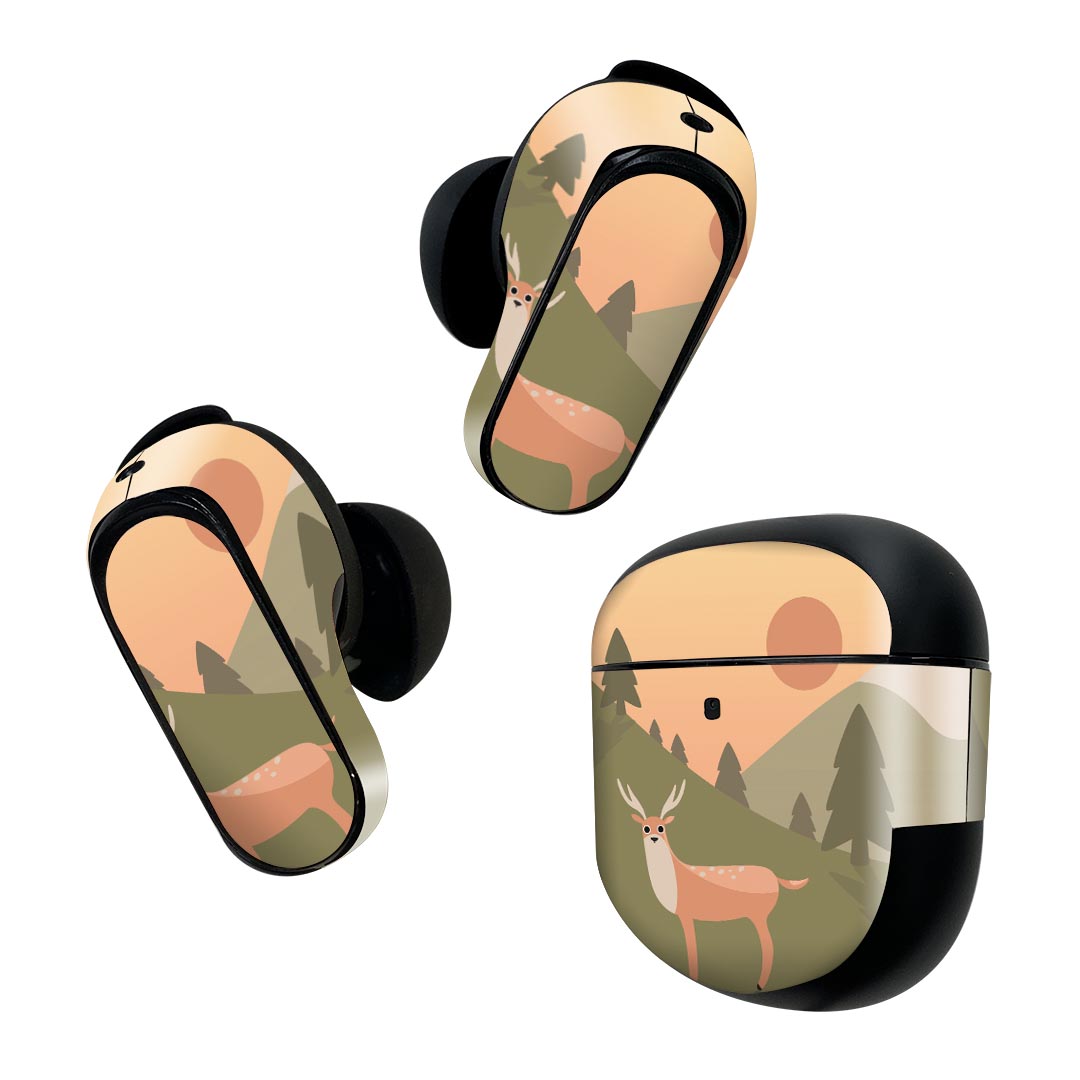 Bose QuietComfort Earbuds II 用 スキンシール ボーズ イヤバッズ2 用　ステッカー　本体3セット ケース1セット 保護 フィルム デコ イラスト　動物　鹿 023490