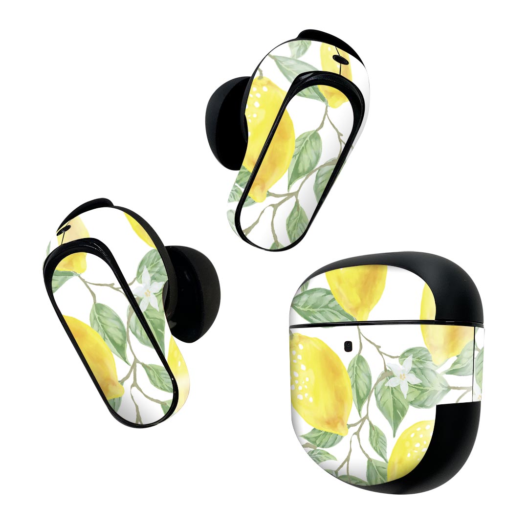 Bose QuietComfort Earbuds II 用 スキンシール ボーズ イヤバッズ2 用　ステッカー　本体3セット ケース1セット 保護 フィルム デコ レモン　イラスト　模様 023500