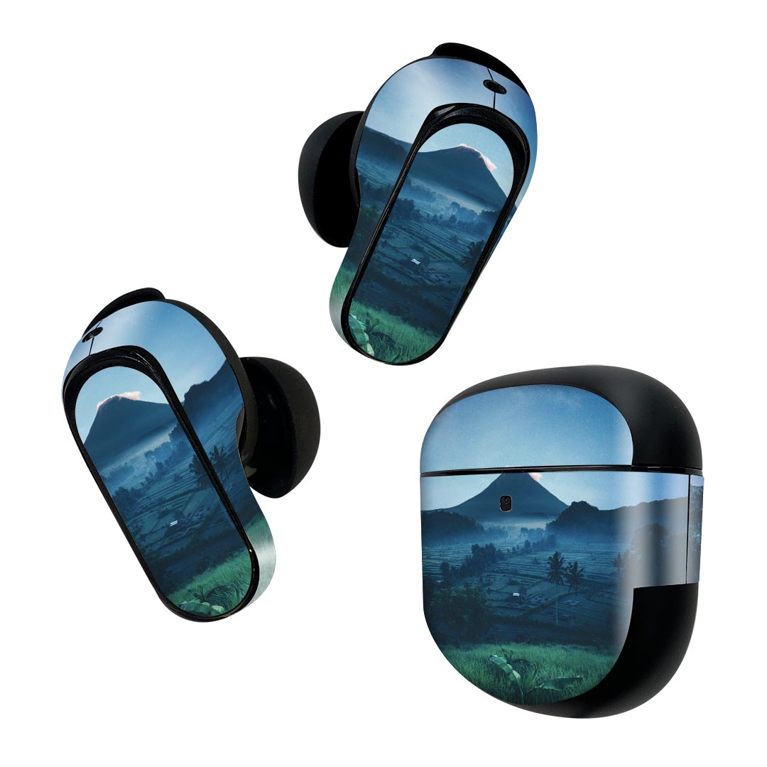 Bose QuietComfort Earbuds II 用 スキンシール ボーズ イヤバッズ2 用　ステッカー　本体3セット ケース1セット 保護 フィルム デコ 山　イラスト　自然 023588