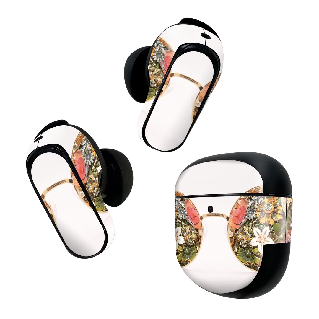 Bose QuietComfort Earbuds II 用 スキンシール ボーズ イヤバッズ2 用　ステッカー　本体3セット ケース1セット 保護 フィルム デコ 花　フラワー　サングラス 023853