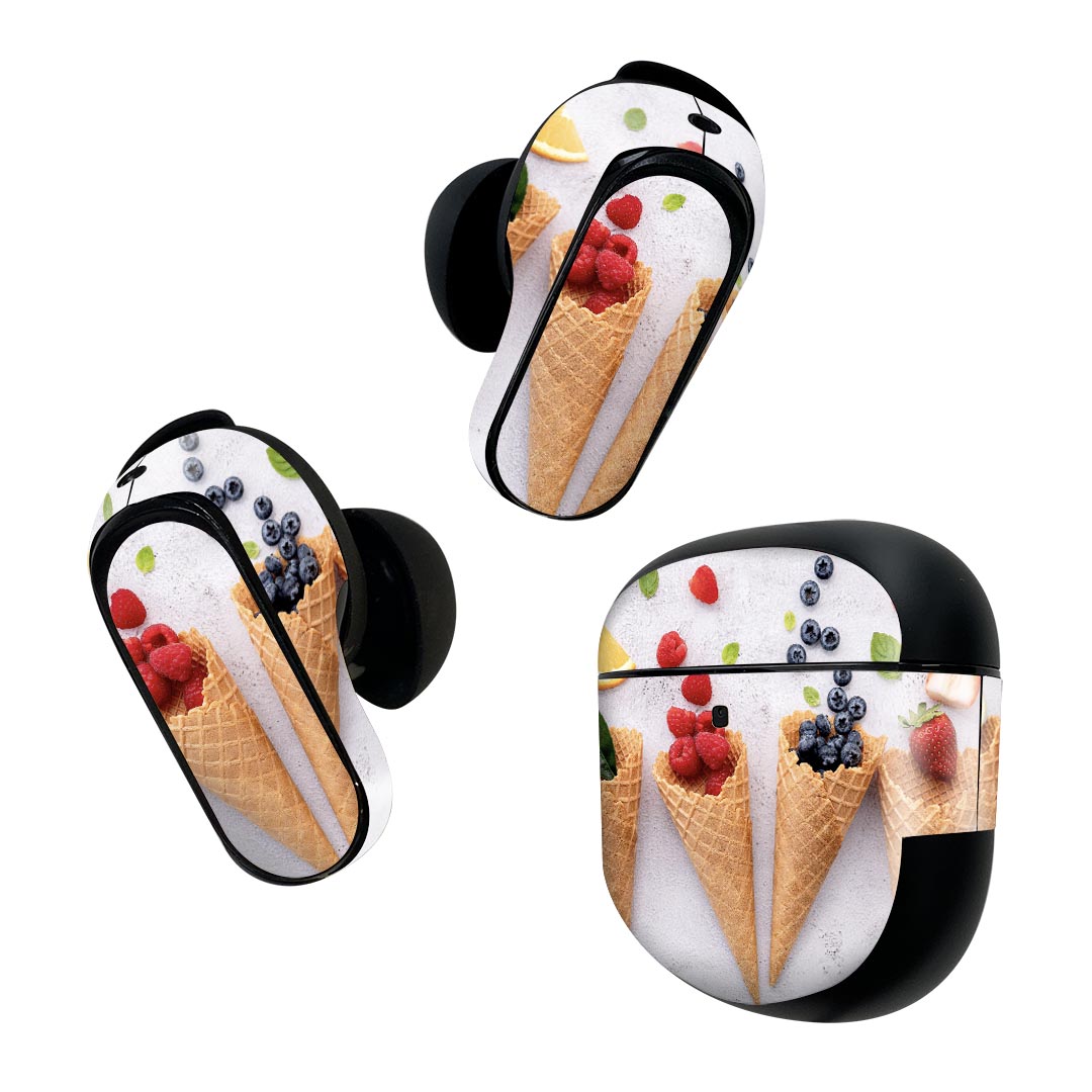 Bose QuietComfort Earbuds II 用 スキンシール ボーズ イヤバッズ2 用　ステッカー　本体3セット ケース1セット 保護 フィルム デコ コーン　フルーツ　果物　ベリー 025846